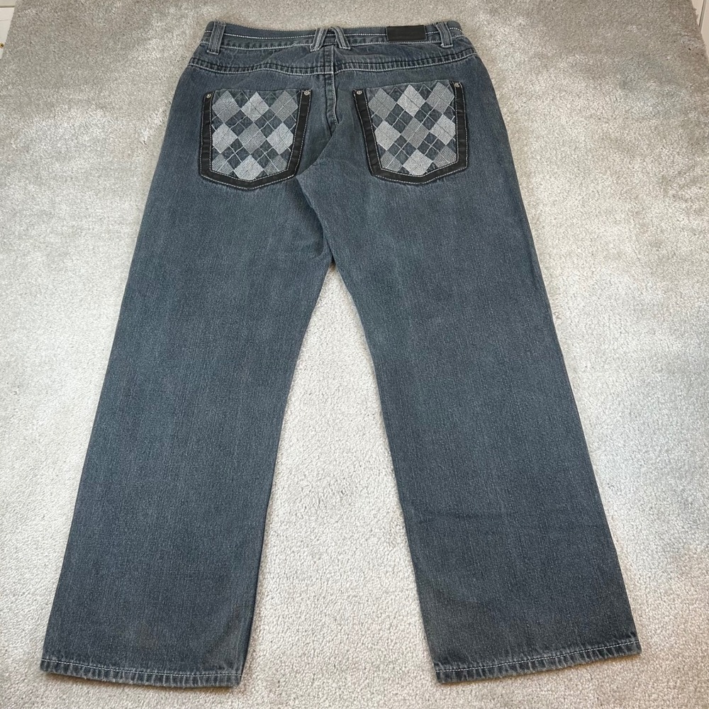 G&B Wide Leg Jeans Mens 36x32 Black Argyle Pocket Y2K Streetwear‎ Skater Relaxed